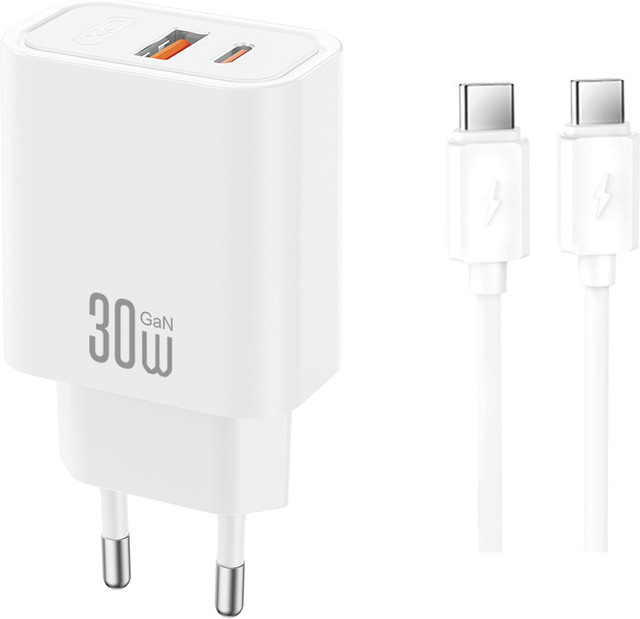 XO Design CE42 Netzteil mit USB-C-Kabel, 30W, 3A, 1 x USB-A und 1 x USB-C, Weiß - Bild 1