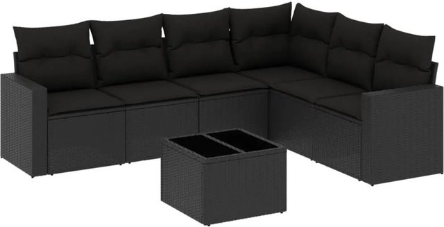 vidaXL 7-teilige Garten-Sofagarnitur in L-Form aus schwarzem Poly-Rattan mit Kissen und pulverbeschichtetem Stahlgestell - Bild 1