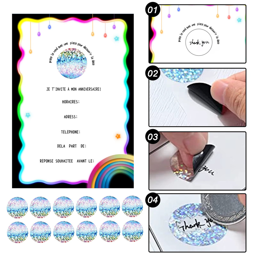 12-teiliges Set Geburtstagseinladungen mit Regenbogen- und Sternenmotiv, inklusive Kratzaufklebern und Umschlägen in Multicolor - Bild 2