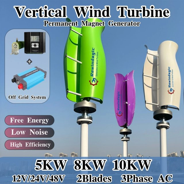 Rewindagic Vertikale Windkraftanlage mit 2-Blatt-Design und Permanentmagnet-Generator für Off-Grid-Haushaltssysteme (5KW/10000W, 24V/48V) - Bild 1