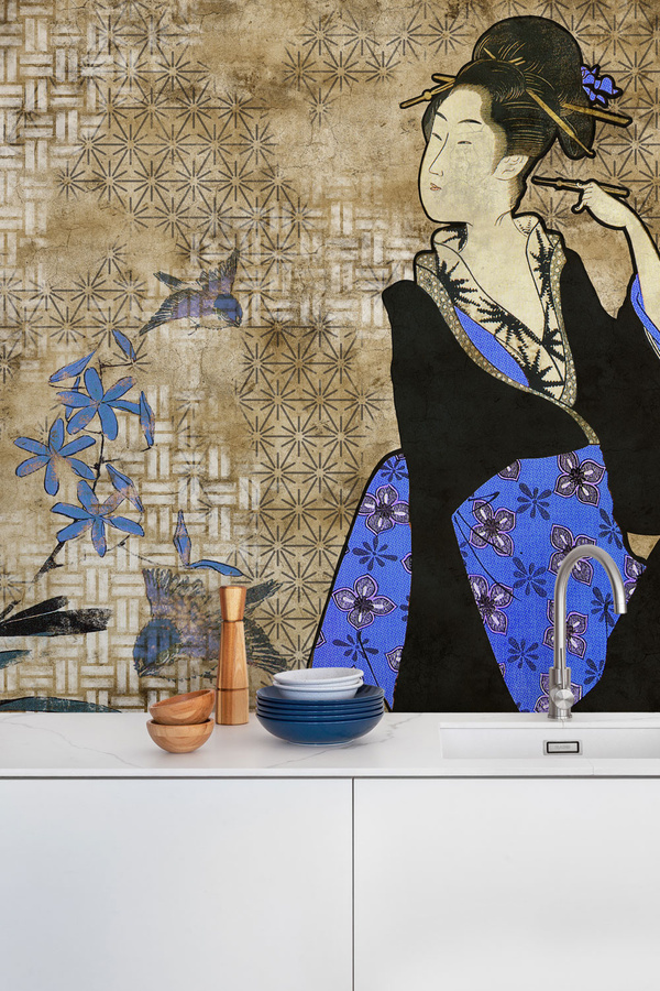 Coordonne Panoramische Tapete Geisha Graffiti in Beige/Blau - Bild 2