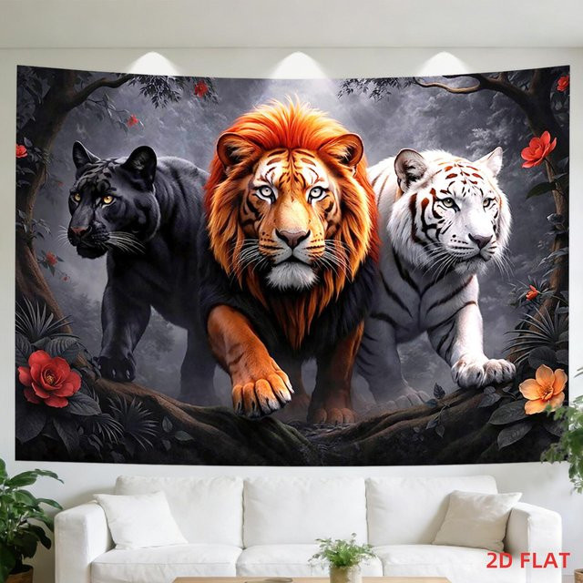 Wandteppich mit Wildtier-Motiv Löwe, Tiger und Panther mit Dschungelblumen von JMG Household Supplies, Schwarz und Multicolour, B: 200 cm, H: 150 cm - Bild 1