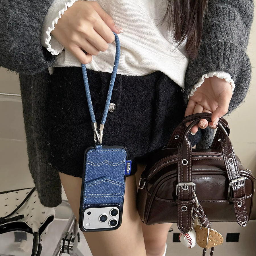 Stoßfeste Retro-Kartenhülle aus Denim-Blau mit Umhängeband für iPhone 17, 16, 15 und 14 Pro Max - Bild 5