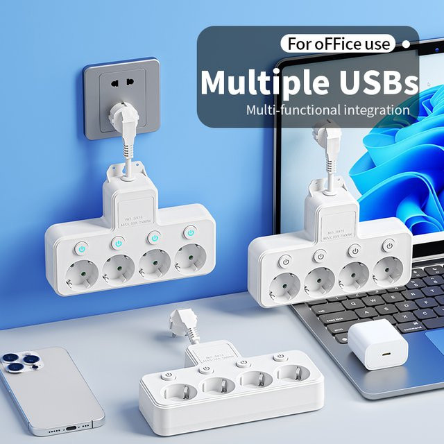 Szaoju 5-fach EU-Steckdosenleiste mit Verlängerungskabel, 2 USB-A und 2 USB-C Anschlüssen, Überspannungsschutz und Einzelschaltern, Weiß - Bild 1