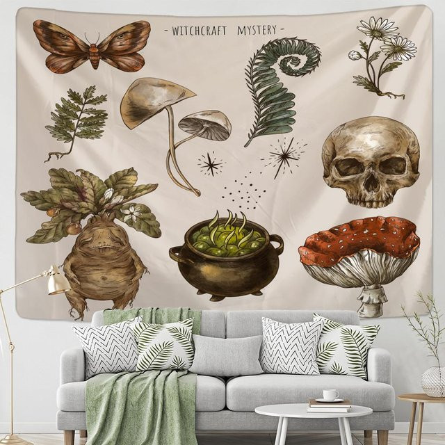 Super Six Wandteppich mit psychedelischem abstraktem Pflanzenmotiv in Beige, B/H: 95 x 70 cm - Bild 1