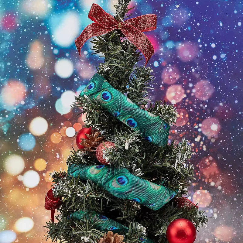 Druckband mit Pfauenfedern-Motiv für DIY-Geschenkverpackungen und Weihnachtsdekoration, Breite: 7,5 cm, Länge: 4,5 m, Mehrfarbig - Bild 3
