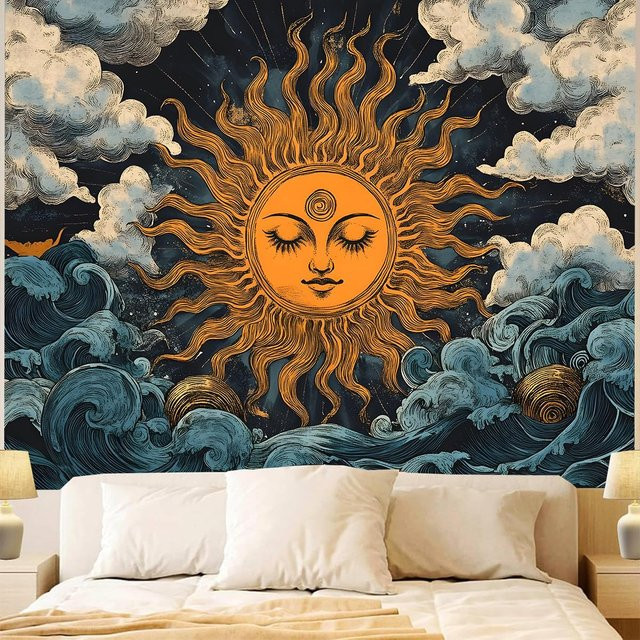 JMG Household Supplies Wandteppich Hippie Brennende Sonne in Orange mit Blumen, Wolken und Sternen, B: 150 cm, H: 130 cm - Bild 1