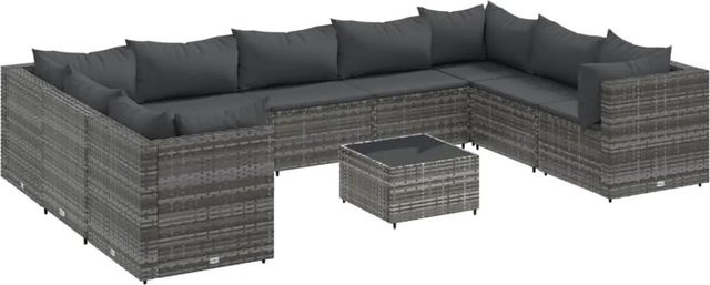 vidaXL 10-tlg Garten-Lounge-Set in Grau mit Kissen aus PE-Rattan und pulverbeschichtetem Stahl - Bild 1
