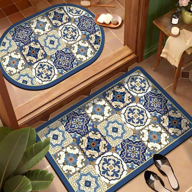 Yiran Furniture Badezimmer Fußmatte aus Kieselgur in Retro-Ziegel-Optik, Blau, B/T: 60 x 40 cm, schnelltrocknend und rutschfest - Bild 1