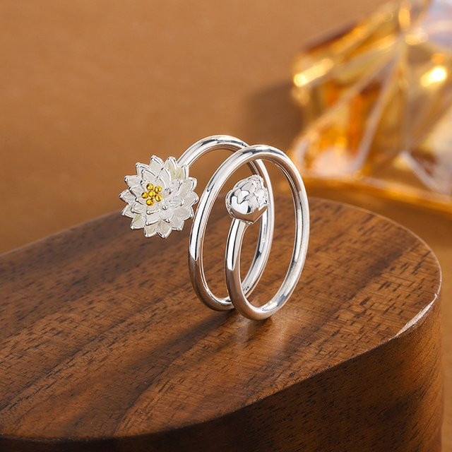 Öffnungsringe 925 Silber, doppelter Lotus, Unisex - Bild 1