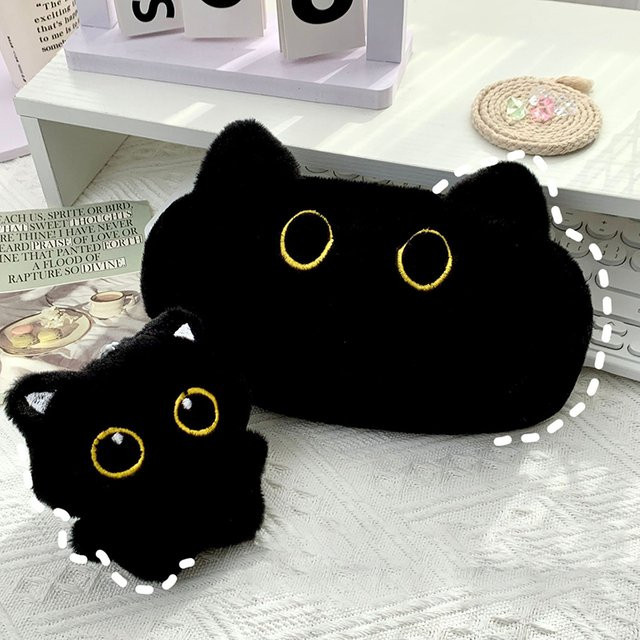 CHENJ Plüsch-Federmäppchen mit Katzen-Design in Schwarz als vielseitige Aufbewahrungstasche für Schreibwaren und Kosmetik - Bild 1