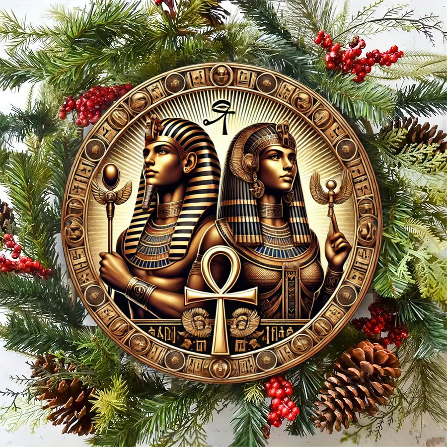 Rundes Metallblechschild HELLOYOUNG im Vintage-Stil mit ägyptischem Pharao und Königin, Kupfer- und Goldoptik mit Hieroglyphen, Durchmesser: 20 cm - Bild 4