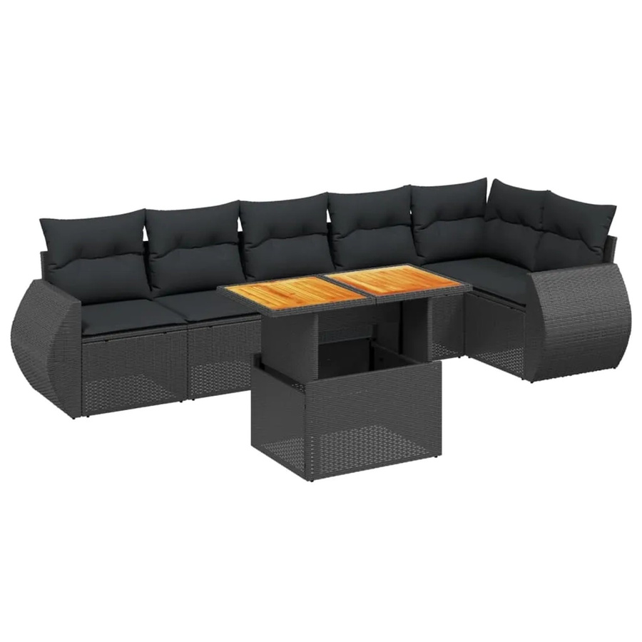 vidaXL 7-teilige Garten-Sofagarnitur aus Poly-Rattan und Akazienholz in Schwarz mit Kissen - Bild 2