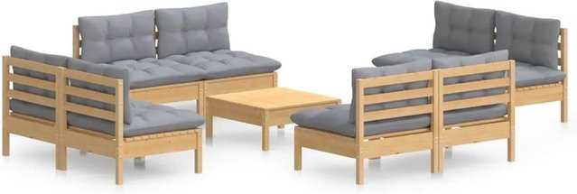 vidaXL 9-tlg. Garten-Lounge-Set aus massivem Kiefernholz mit grauen Polsterkissen in Braun-Grau - Bild 1