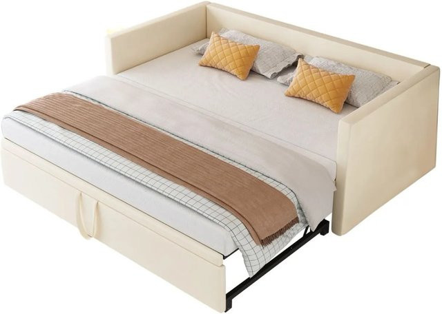 PXloue Tagesbett Schlafsofa aus Samtstoff in Beige mit Ausziehfunktion und Armlehnen, B/T/H: 90 x 200 x 74 cm bis 180 x 200 x 74 cm - Bild 1