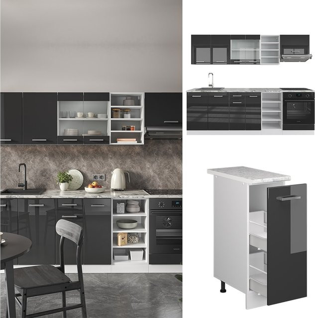 Vicco R-Line Küchenzeile Einbauküche in Weiß und Anthrazit Hochglanz, Breite: 240 cm - Bild 1