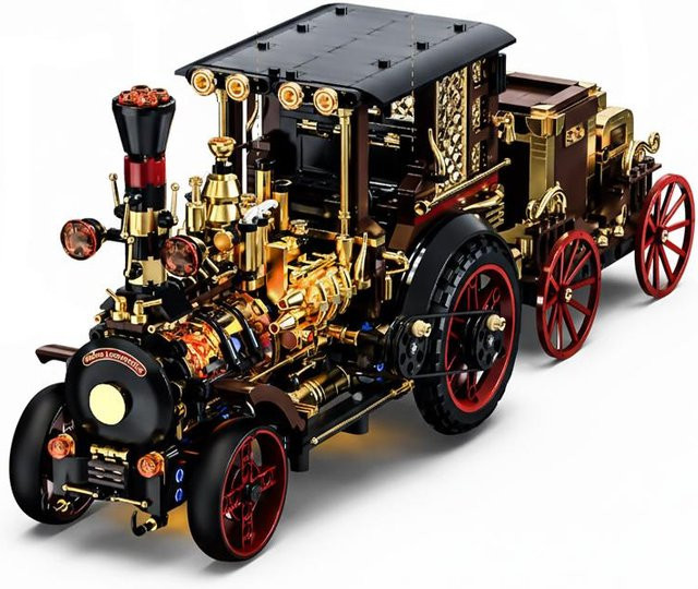 Retro Mechanische Dampfautos MOC Bausteine, Steampunk Lokomotive Zugmodell, ab 14 Jahren - Bild 1