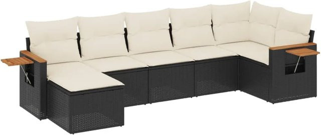vidaXL 7-teilige Garten-Sofagarnitur aus Poly-Rattan und Akazienholz in Schwarz mit Kissen - Bild 1