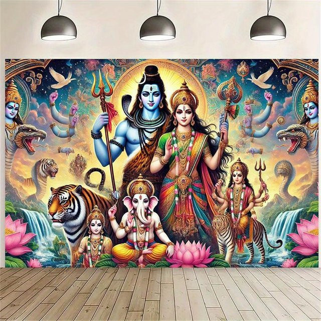Shiva Familie Wandteppich von JMG Household Supplies mit Parvati, Ganesha und Kartikeya als Leinwandkunst Wandbehang in Multicolor, Breite: 40 cm, Höhe: 60 cm - Bild 1
