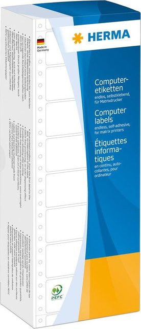 HERMA Computer Etiketten Leporello Endlospapier, permanent selbstklebend, matt, weiß, B: 88,9 mm, H: 23 mm, 6000 Stück - Bild 1