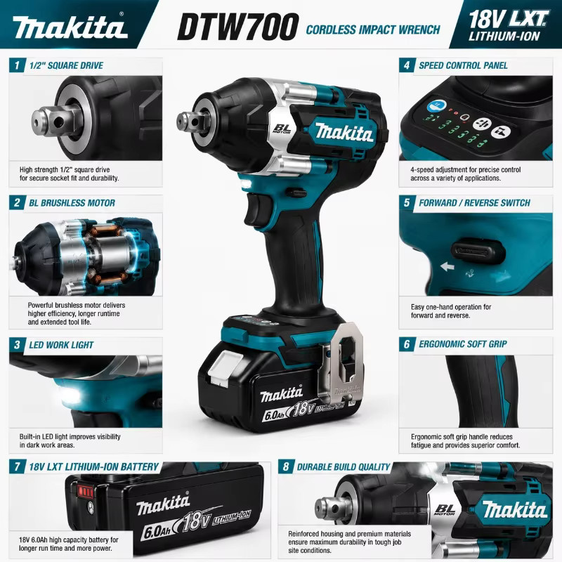 Makita DTW700 kabelloser bürstenloser 1/2 Zoll Schlagschrauber mit mehreren Betriebsmodi, kompatibel mit 18V Akkus - Bild 3