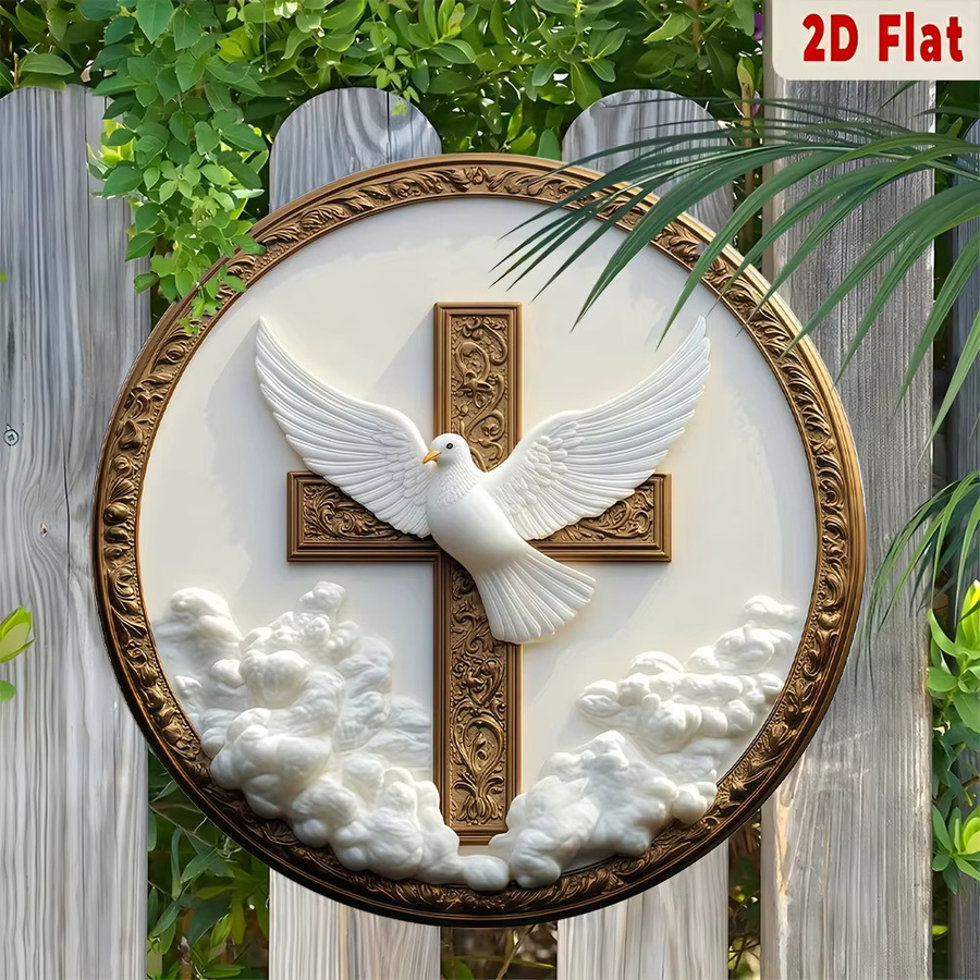 CIFBUY Christliche Metallwandkunst mit Taube und Kreuz, runde Wanddekoration in Gold und Weiß, Durchmesser: 20,32 cm - Bild 6