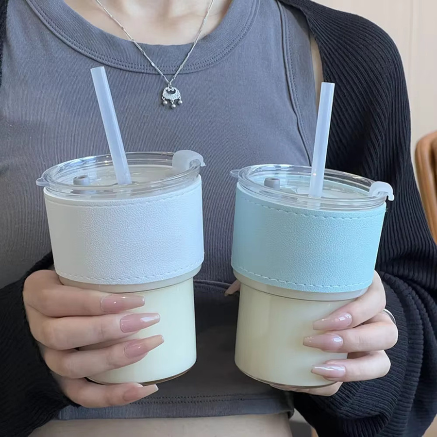 Kreative Glas Trinktasse mit Deckel und Strohhalm für Kaffee oder Tee, 400 ml, Blau und Transparent - Bild 3