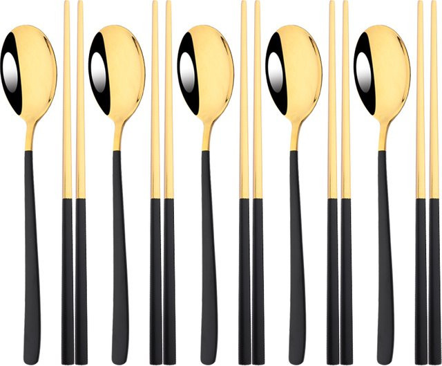 Uniturcky Besteckset aus 304 Edelstahl in Schwarz und Gold, 10-teiliges Set mit Stäbchen, Messern, Gabeln und Löffeln im koreanischen Luxus-Design - Bild 1