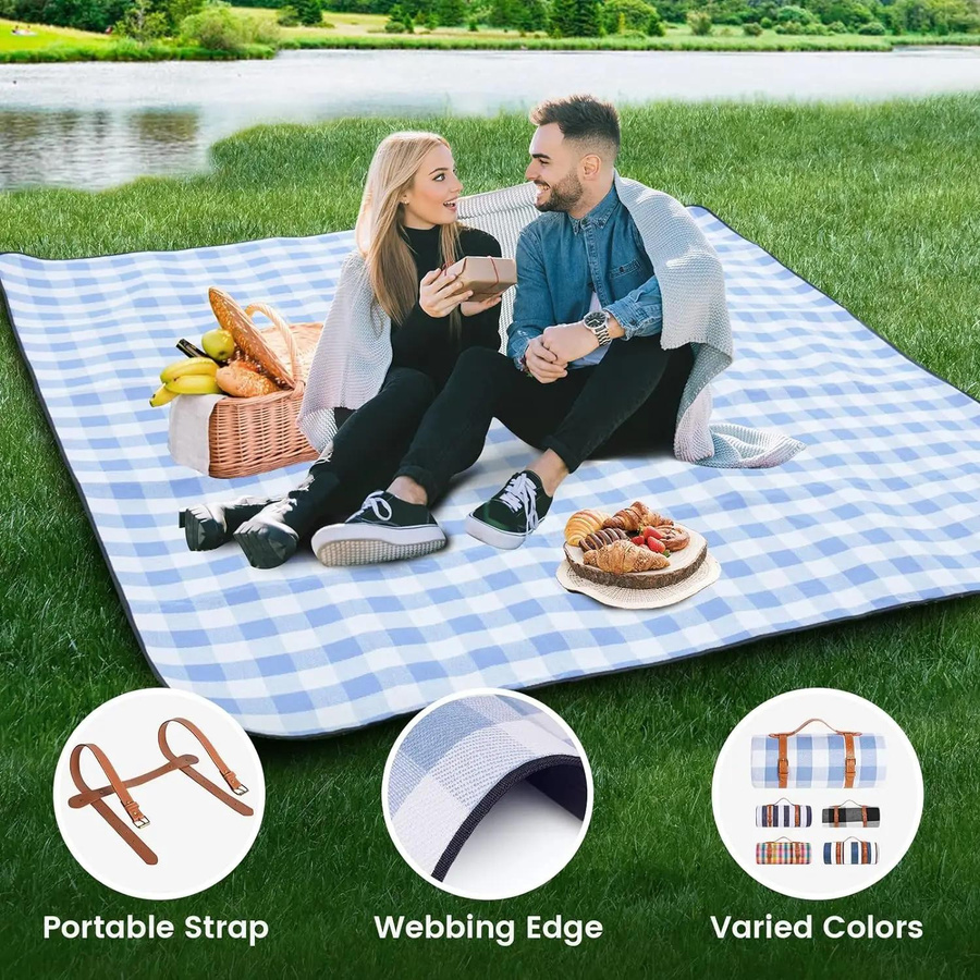 Wasserdichte und faltbare Picknickdecke in Blau-Weiß für Outdoor, Camping und Strand, B/T: 200 x 150 cm - Bild 3