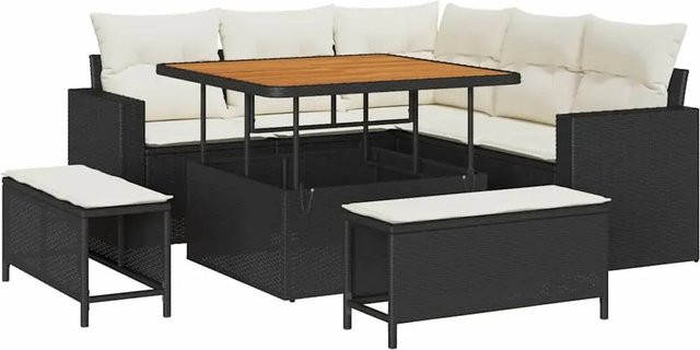 vidaXL Garten-Sofa-Set 8-teilig aus Polyrattan in Schwarz mit beigefarbenen Polstern und L-Form für Terrasse und Garten - Bild 1