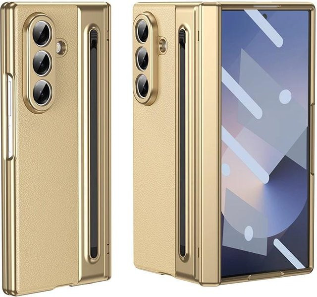 szHAIyu Leder Handyhülle für Samsung Galaxy Z Fold 8 Ultra Z Fold 8 7 6 5 4 3 mit S Pen Halterung, Scharnierschutz und integriertem Bildschirm Schutz in Gold - Bild 1