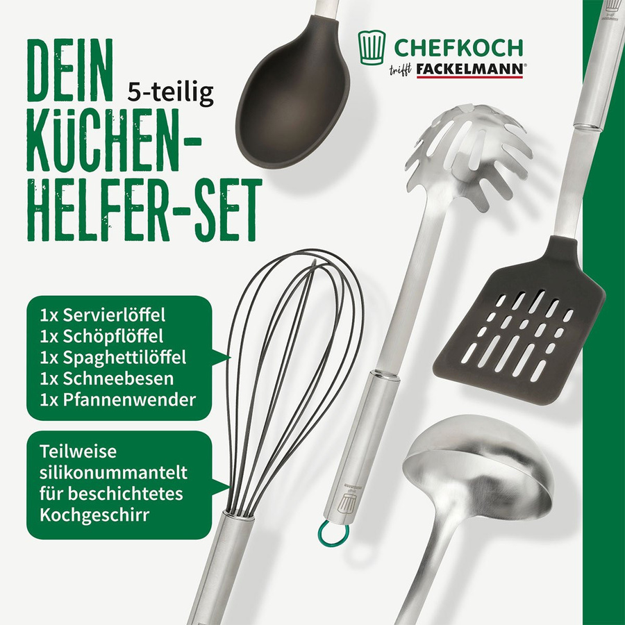 Fackelmann Küchenhelfer-Set München, 5-teilig, Grün, Edelstahl und hitzebeständig - Bild 2