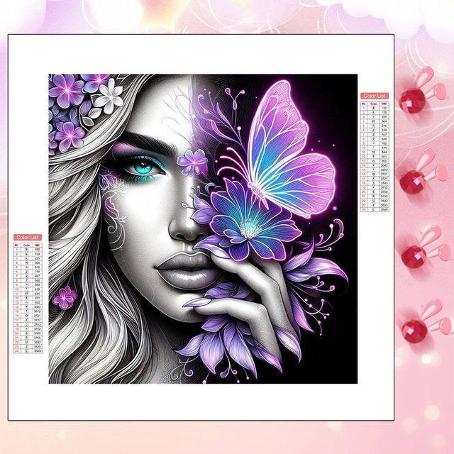 HUACAN 5D Diamantmalerei Rundes Frauenporträt mit Schmetterlingen und Tieren als Mosaik Wanddekoration in Multicolour, Durchmesser: 20 cm - Bild 1