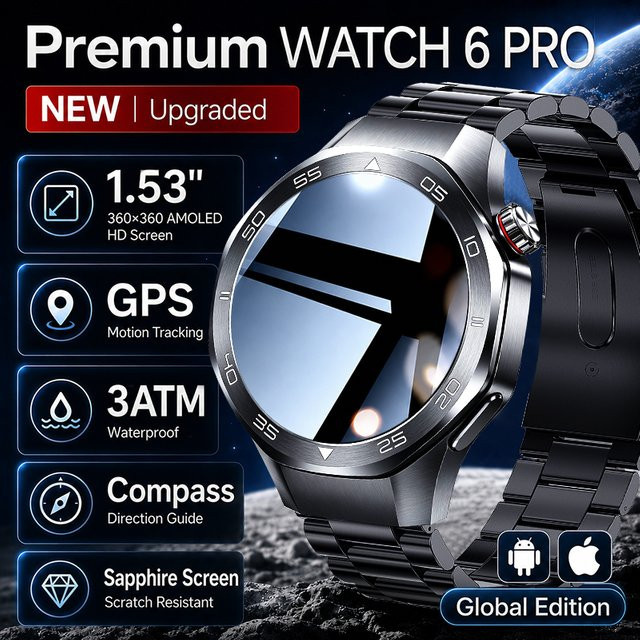 GUHUAVMI WATCH 6 PRO Smartwatch Globale Edition in Schwarz mit AMOLED Saphirglas-Bildschirm, GPS, Kompass und Bluetooth-Anruffunktion, 3ATM wasserdicht - Bild 1