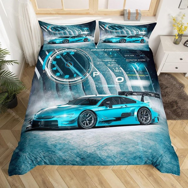 Binchi Fitness Bettwäscheset Jungen Sportwagen in Blau mit Bettbezug und Kissenbezug aus Mikrofaser, B/H: 135 x 200 cm - Bild 1