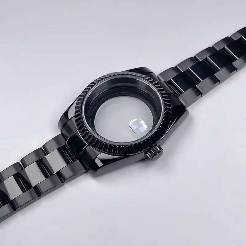 MACARLON Uhrengehäuse Edelstahl, 39 mm, Schwarz, Geriffelte Lünette - Bild 3