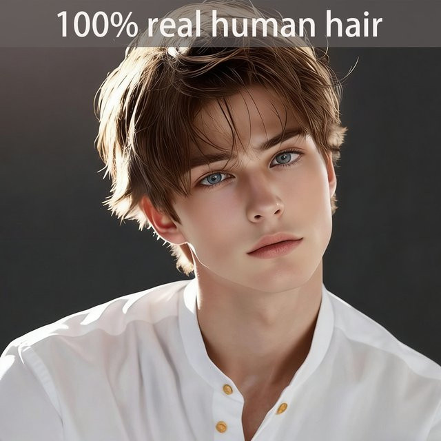 OYM HAIR Pixie-Echthaarperücke für Herren, braun, kurz, geschichtet - Bild 1