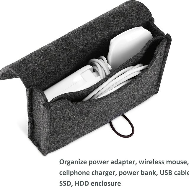 JBAILI Tragbare Filz-Aufbewahrungstasche für Netzteile und elektronisches Zubehör, USB-C Organizer, Schwarz/Grau - Bild 1