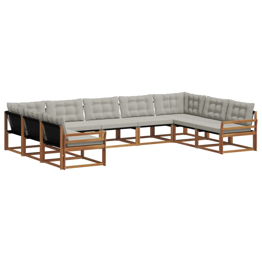 vidaXL Outdoor-Sofagarnitur 9-teilig in U-Form aus massivem Akazienholz mit Textilene und Kissen in Beige und Grau - Bild 2
