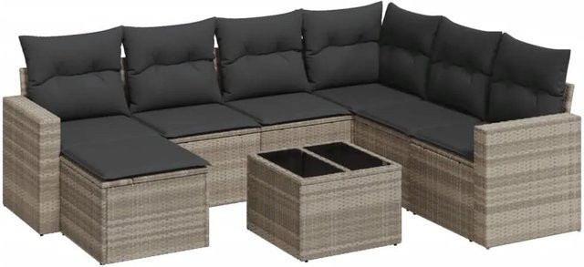 vidaXL 8-teilige Garten-Sofagarnitur in L-Form aus Poly Rattan mit Kissen und Couchtisch in Hellgrau - Bild 1