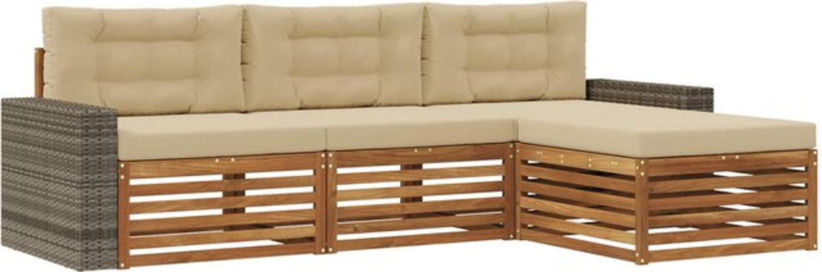vidaXL Outdoor-Sofagarnitur aus Akazie mit Kissen in Natur und Beige, 4-teiliges Loungemöbel-Set aus Polyester - Bild 1