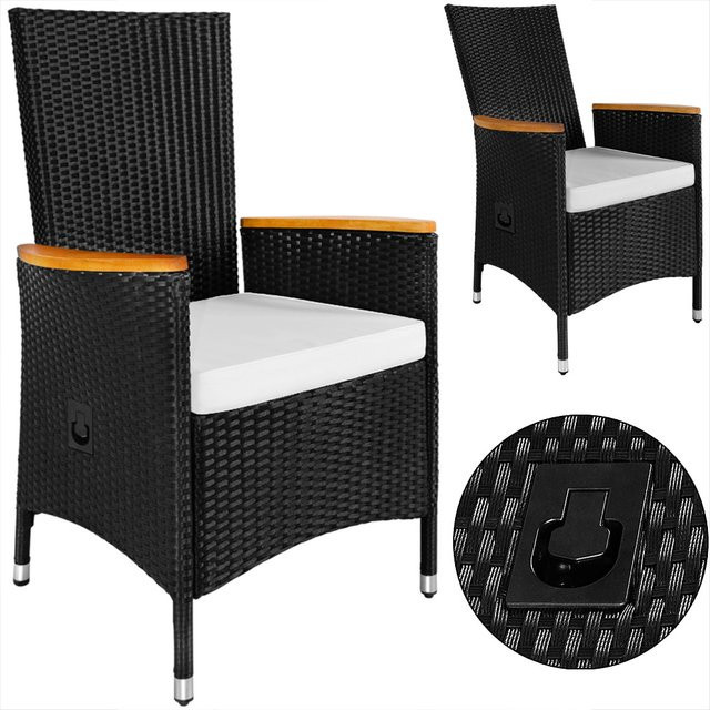 Casaria Polyrattan Gartenstuhl 2er-Set Schwarz mit Armlehnen und Akazienholz wetterfest - Bild 1