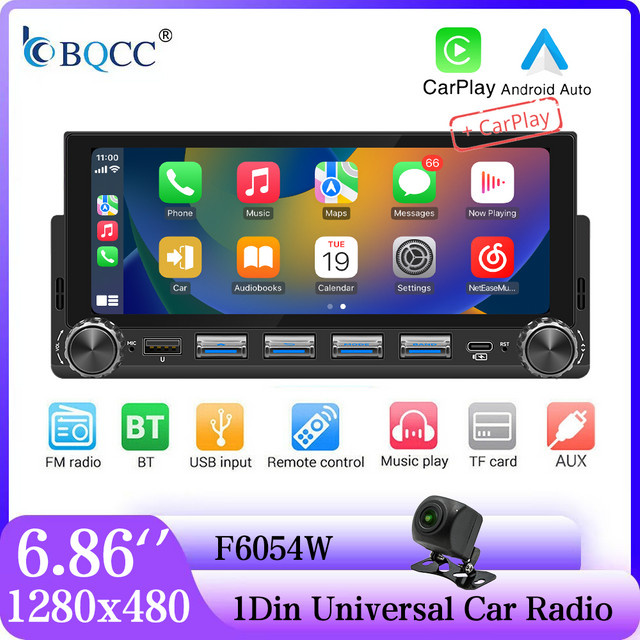 BQCC 1Din Autoradio mit 6,86 Zoll Display, Bluetooth, FM, 7-Farben LED-Beleuchtung, 33W, Typ-C Ladegerät, kabelloses CarPlay und Android Auto, Schwarz - Bild 1
