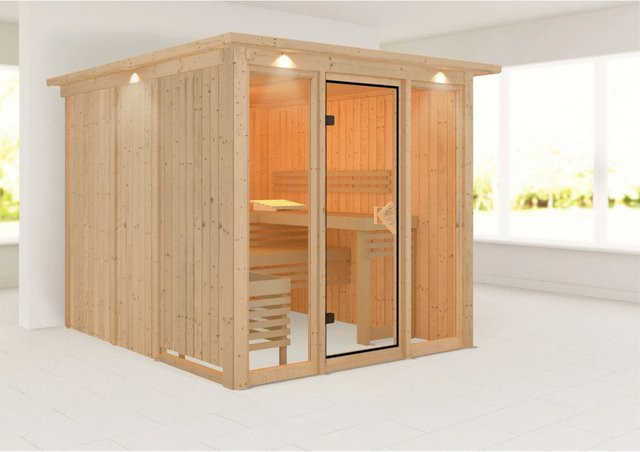 Karibu Sauna Svava mit Glasfront und Kranz in Braun - Bild 1