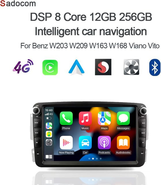 Sadocom Android 14.0 Autoradio mit 8 Zoll Display, 8GB RAM, 256GB ROM, 720P, GPS-Navigation und CarPlay für Mercedes-Benz W203 W209 W163 W168 Viano Vito, Schwarz - Bild 1