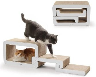 PetRhein Ausziehbares 3-in-1 Katzenkratzbrett mit Katzenhöhle und Katzentreppe, Beidseitig nutzbare Kratzpappe aus recycelbarem Karton, Breite: 55–116 cm - Bild 1