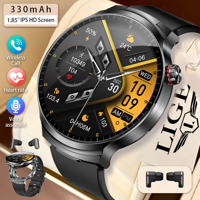 LIGE 2-in-1 Smartwatch und TWS Bluetooth Kopfhörer mit 1,85 Zoll Display, Herzfrequenzmesser und Telefonfunktion in Schwarz oder Silber - Bild 1
