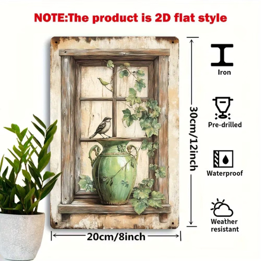 CIFBUY Vintage-Fensterschild aus Metall in Grün mit Vogel- und Blumenmuster als rustikale Wandkunst, B/H: 30 x 20 cm - Bild 2