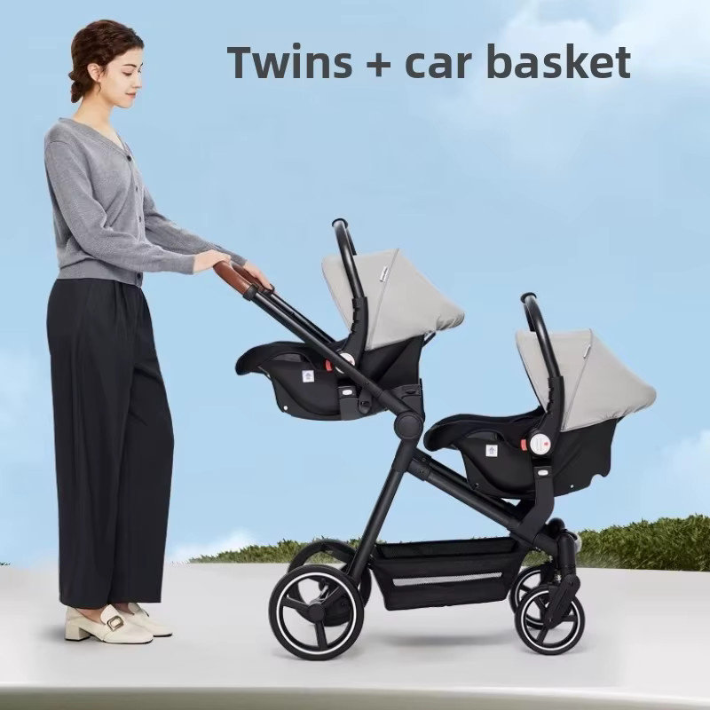 Warm House 3in1 Zwillingen Kinderwagen mit Autositz, faltbarer Doppelkinderwagen in Beige - Bild 2