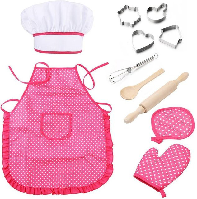 chenxiaogang Kochspielset, Koch-Outfit-Set mit Schürze, Kochmütze und Backzubehör, 11-teiliges Set, rosa, ab 3 Jahre - Bild 1